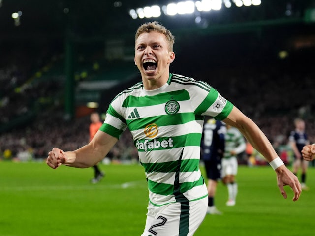 Celtic's Alistair Johnston celebrates on October 30, 2024