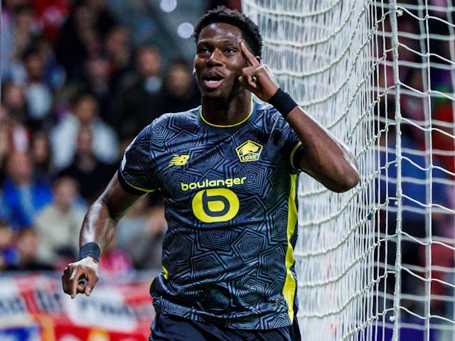 Lille striker Jonathan David celebrates scoring on October 23, 2024 Lille striker Jonathan David celebrates scoring on October 23, 2024