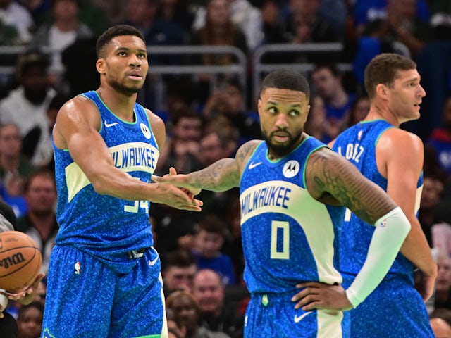Milwaukee Bucks forward Giannis Antetokounmpo (34) is greeted by guard Damian Lillard on December 5, 2023 Milwaukee Bucks forward Giannis Antetokounmpo (34) is greeted by guard Damian Lillard on December 5, 2023
