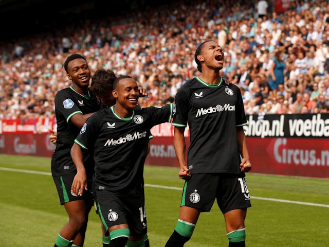 Antoni Milambo, Igor Paixao and Calvin Stengs of Feyenoord celebrate on August 18, 2024 Antoni Milambo, Igor Paixao and Calvin Stengs of Feyenoord celebrate on August 18, 2024