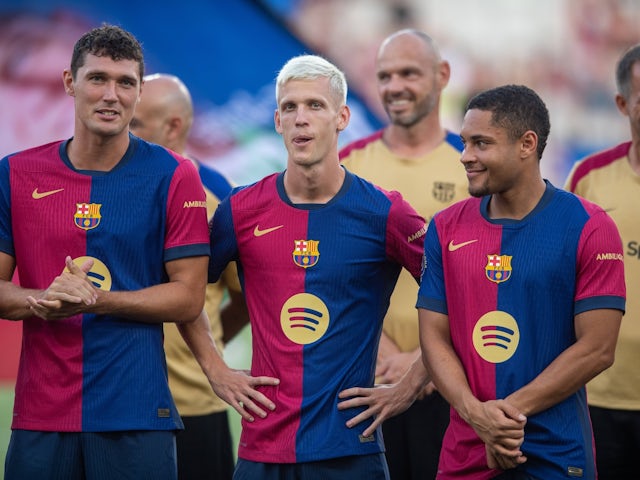 Andreas Christensen, Dani Olmo and Vitor Roque of Barcelona on August 12, 2024