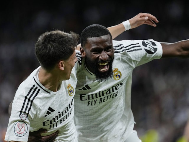 Real Madrid's Antonio Rudiger celebrates scoring on April 1, 2025 Real Madrid's Antonio Rudiger celebrates scoring on April 1, 2025