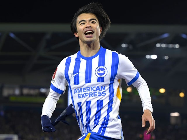Brighton & Hove Albion's Kaoru Mitoma celebrates on February 8, 2025 Brighton & Hove Albion's Kaoru Mitoma celebrates on February 8, 2025